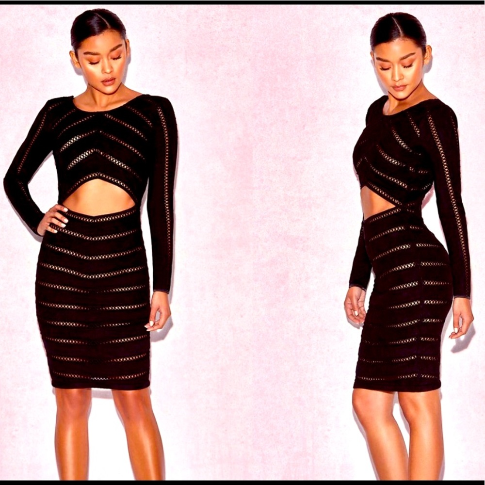 HOUSE OF CB Freja Dress Black Suede Lace Up Cutout